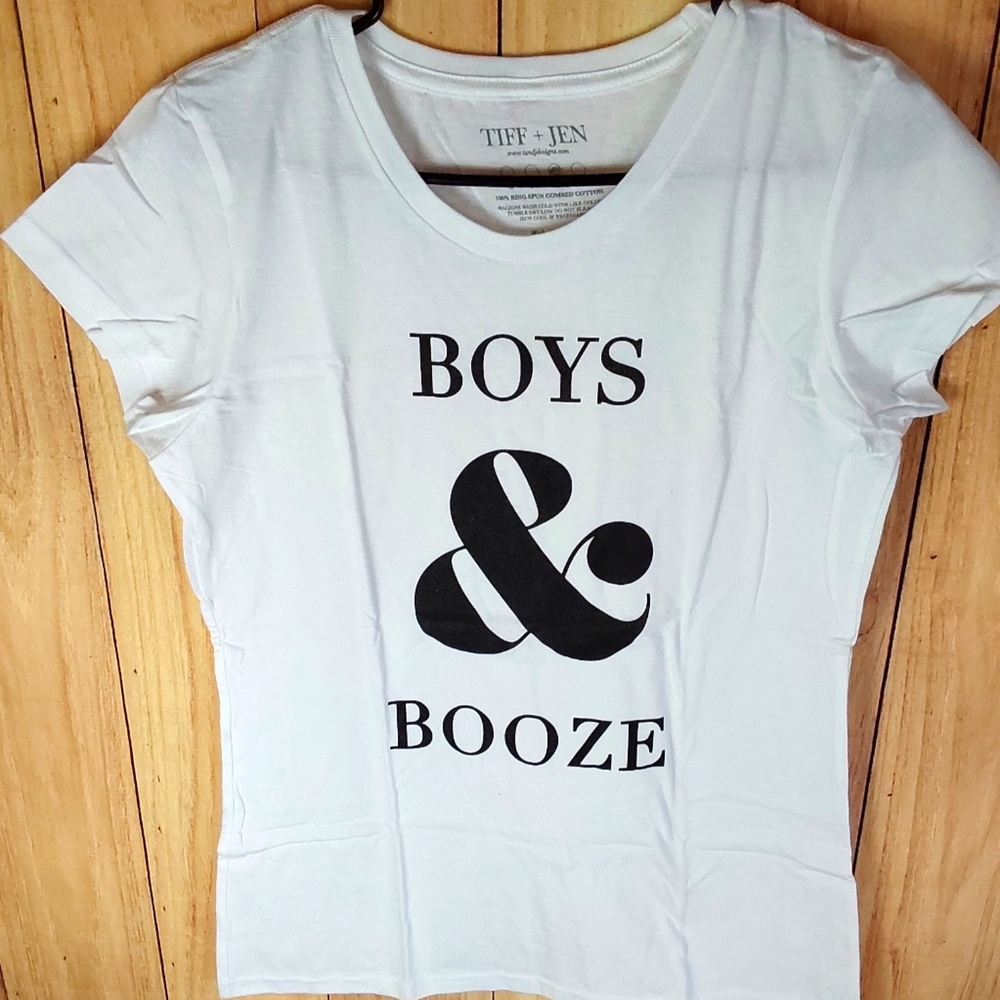 Tiff And Jen 100% Cotton White Graphic T-shirt With Short Sleeves Boys & Booze